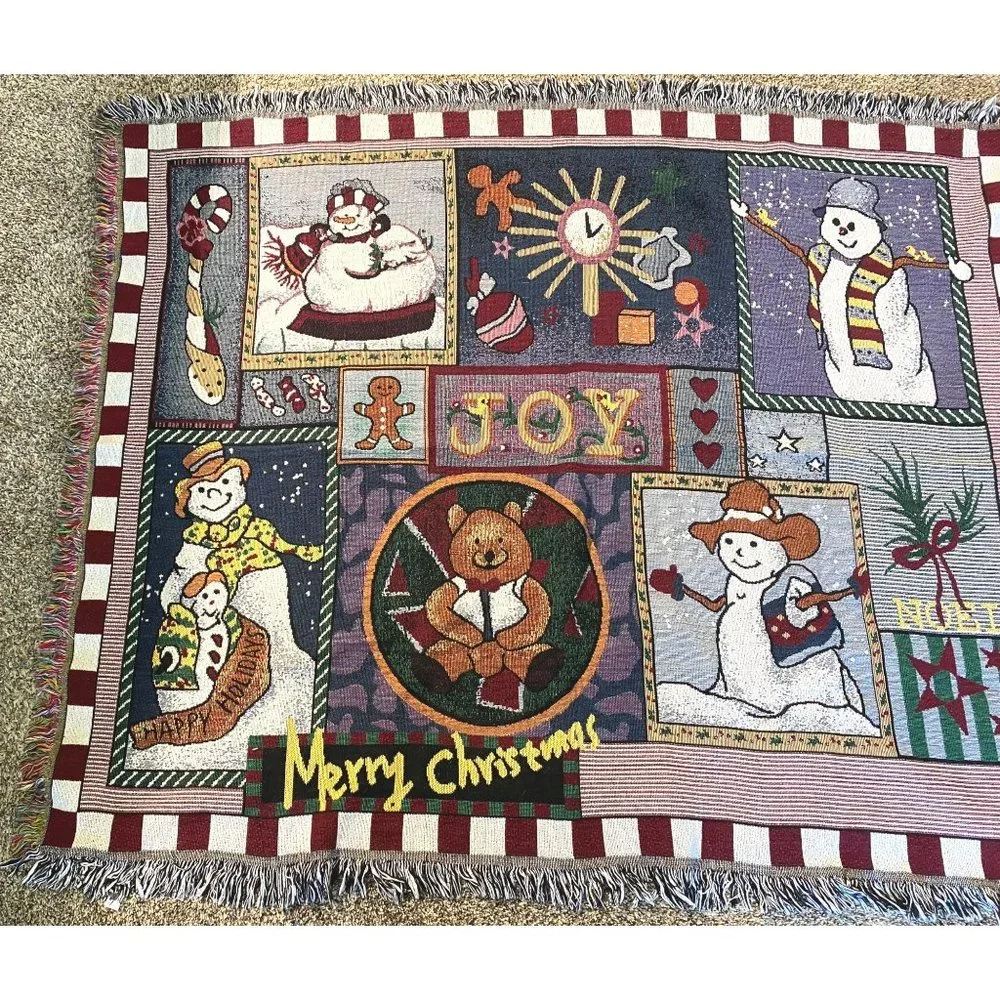 Merry Christmas Snowman Throw Blanket Fringe 46